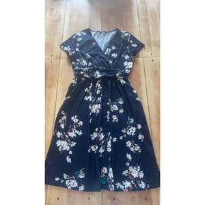 OUGES Womens Navy Blue Floral V Neck Short Sleeve Fit Flare Dress with Pockets